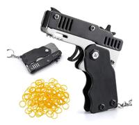FDCGAS Goma Lanzador - 1pcs Pistola de Banda de Goma Mini Metal Plegable de 6 Disparos con Llavero y 60Pcs Banda de Goma，Plegable Hecha a Mano Pistola de Juguete Mini de Goma metálica con Llavero