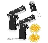 FDCGAS Goma Lanzador,2pcs Pistola de Banda de Goma Mini Metal Plegable de Disparos con Llavero y 120 Pcs Banda de Goma,Plegable Hecha a Mano Pistola de Juguete Mini de Goma metálica