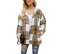 FDDYA Womens Flannel Shirt,s Casual Lapel Long Sleeve Outwear, Flannel Hooded,Plaid Button Down Shirt,Warm Fall Winter Blouses(Khaki,S)