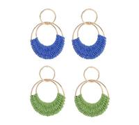 FDEETY 2 Pares Pendientes de Ratán Boho de Verano Hechos a Mano Pendientes de Paja para Mujer y Niñas (Azul + Verde)