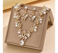 FDEETY Conjunto de Joyas para Mujer Vintage Elegante Hojas con Diamantes Imitación Colgante Collar Pendientes Joyería Set Regalo para Ella（Oro）