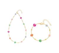 FDEETY 2 Piezas Conjunto Collar Pulsera Flores Multicolor Cadena Dorada Joyería Femenina Accesorios Primavera Verano
