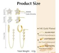 FDEETY 3 Pares Pendientes Estrella Flor Circonita Cúbica Chapados Oro 14k Hipoalergénicos Joyería Elegante Mujer