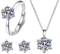 FDEETY 3 Piezas Conjunto Joyas Cuadrado Brillante Collar Pendientes Anillo Ajustable Cristal Circonita Cúbica Plata Elegante Mujer