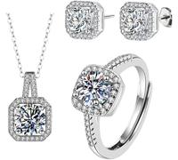 FDEETY 3 Piezas Conjunto Joyas Cuadrado Brillante Collar Pendientes Anillo Ajustable Cristal Circonita Cúbica Plata Elegante Mujer