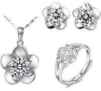 FDEETY 3 Piezas Conjunto Joyas Cuadrado Brillante Collar Pendientes Anillo Ajustable Cristal Circonita Cúbica Plata Elegante Mujer