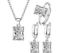 FDEETY 3 Piezas Conjunto Joyas Cuadrado Cristal Collar Pendientes Anillo Plata Ajustable Elegante Mujer Accesorios