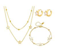 FDEETY 3 Piezas Conjunto Joyas Estrella Collar Doble Pulsera Pendientes Aro Acero Inoxidable Mujer Elegante Brillante