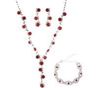 FDEETY Conjunto de Joyería Nupcial con Cristales Brillantes y Diamantes de Imitación Collar Pendientes Pulsera Juego de joyas para Mujeres (Rojo)