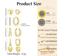 FDEETY 4 Pares Pendientes Corazón Oro Chapado 14k Aros Pequeños Circonita Cúbica Hipoalergénicos Mujer Joyería Elegante