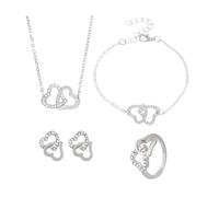 FDEETY 4 Piezas Conjunto Joyas Corazones Entrelazados Brillantes Collar Pulsera Anillo Pendientes Mujer Elegante Cristales