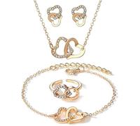 FDEETY 4 Piezas Conjunto Joyas Corazones Entrelazados Cristales Brillantes Collar Pendientes Anillo Pulsera Set Elegante Mujer