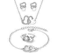 FDEETY 4 Piezas Conjunto Joyas Corazones Entrelazados Cristales Brillantes Collar Pendientes Anillo Pulsera Set Elegante Mujer