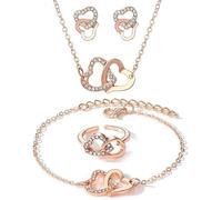 FDEETY 4 Piezas Conjunto Joyas Corazones Entrelazados Cristales Brillantes Collar Pendientes Anillo Pulsera Set Elegante Mujer