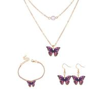 FDEETY 4 Piezas Conjunto Joyas Mariposa Collar Doble Pendientes Pulsera Perla Adorno Elegante Mujer Accesorios Joyería