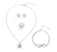 FDEETY 4 Piezas Conjunto Joyas Redondo Brillante Colgante Collar Pendientes Anillo Pulsera Infinito Cristales Elegante Mujer Plateado