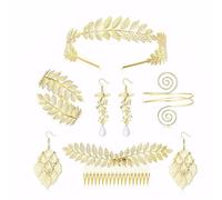 FDEETY 5 Piezas Conjunto Joyería Hojas Laurel Dorado Diadema Pulsera Brazalete Pendientes Collar Accesorios Mujer Elegante Boda Ceremonia