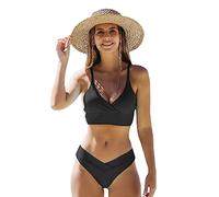 FDEETY Bikini Traje de baño para Mujer Cuello V Profundo 2 Piezas Push Up Cintura Alta Reductor Ropa de Playa Conjuntos de Biquini Talla Grande(Negro/XL)