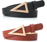FDEETY Cinturon Mujer 2 Piezas Cinturón de Cuero PU Señoras Retro Moda con Clásica Hebilla Triangular Aleación para Jeans Vestidos y Atuendos Casuales(Negro + Camel)