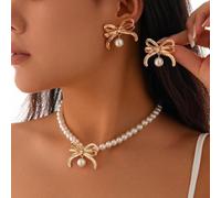 FDEETY Collar Mujer de Perlas con Colgante de Lazo Dorado Elegante Joyería para Mujeres Ideal para Eventos Especiales y Uso Diario