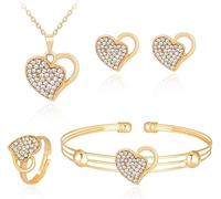 FDEETY Conjunto Corazón Brillante Collar Pendientes Pulsera Anillo Joya Cristal Mujer Elegante Dorado