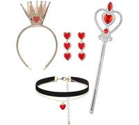 FDEETY 4 Piezas Disfraz Reina de Corazones Incluye Diadema Corona Dorada Varita Corazón Rojo Gargantilla Aretes Accesorios de Disfraz Reina de Corazones para Halloween Carnavales Cosplay