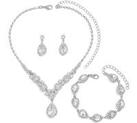 FDEETY Juego de Boda Novia Joyas para Mujer Colgante de Diamantes de Imitación de Cristal Conjunto de Collar Pendientes Pulsera de joyas San Valentín Cumpleaños y Aniversarios (Plata)