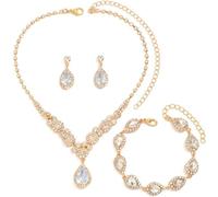 FDEETY Juego de Boda Novia Joyas para Mujer Colgante de Diamantes de Imitación de Cristal Conjunto de Collar Pendientes Pulsera de joyas San Valentín Cumpleaños y Aniversarios (Oro)