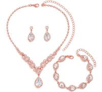 FDEETY Juego de Boda Novia Joyas para Mujer Colgante de Diamantes de Imitación de Cristal Conjunto de Collar Pendientes Pulsera de joyas San Valentín Cumpleaños y Aniversarios (Oro Rosa)