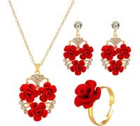 FDEETY Rosa Roja Flores Juegos de Joyas para Mujer Niña Collar Pendientes y Anillo de Rosas Juego de Joyas para Boda Prom Novia Fiesta