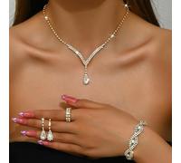 FDEETY Juegos de Joyas de Mujer Conjunto de Joyería para Novia Diamantes de Imitación Collar Pulsera Pendientes Anillos Juego para Fiesta de Boda（Azul）