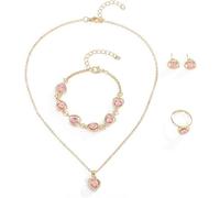 FDEETY Conjunto De Joyería Para Mujer En Forma De Corazón Con Cristales Collar Pulsera Anillo Y Pendientes Acabado En Oro Elegante Y Brillante Set De 4 Piezas Para Todas Las Ocasiones