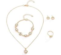FDEETY Conjunto De Joyería Para Mujer En Forma De Corazón Con Cristales Collar Pulsera Anillo Y Pendientes Acabado En Oro Elegante Y Brillante Set De 4 Piezas Para Todas Las Ocasiones