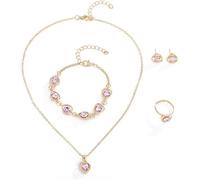 FDEETY Conjunto De Joyería Para Mujer En Forma De Corazón Con Cristales Collar Pulsera Anillo Y Pendientes Acabado En Oro Elegante Y Brillante Set De 4 Piezas Para Todas Las Ocasiones