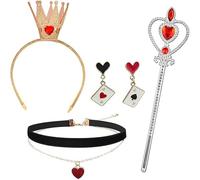 FDEETY 4 Piezas Disfraz Reina de Corazones Incluye Diadema Corona Dorada Varita Corazón Rojo Gargantilla Aretes Accesorios de Disfraz Reina de Corazones para Halloween Carnavales Cosplay