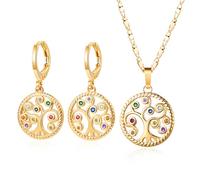 FDEETY Conjunto Joyas Árbol Vida Redondo Colgante Collar Pendientes Cristales Multicolor Acero Inoxidable Dorado Mujer
