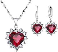 FDEETY Conjunto Joyas Corazón Cristal Rojo Colgante Collar Pendientes Mujer Elegante Brillante Plata