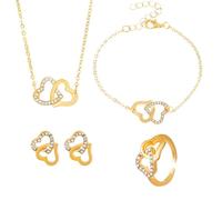 FDEETY Conjunto Joyas Corazones Entrelazados Brillantes Collar Pulsera Pendientes Anillo Ajustable Tono Dorado Cristales Elegante