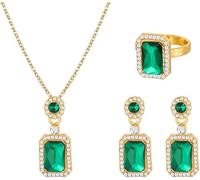 FDEETY Conjunto Joyas Mujer Esmeralda Rectangular Cristal Brillante Pendientes Collar Anillo Chapado Oro Elegante