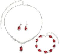 FDEETY Conjunto Joyas Mujer para Novia Plateado Diamantes de Imitación Incluye Collar Pulsera Pendientes Joyas para Boda de Honor Baile de Graduación Bisutería（Rojo）