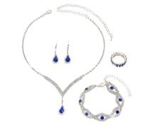 FDEETY Conjunto Joyería Gota Cristal Azul Brillante Collar Pendientes Pulsera Anillo Adornado Rhinestones Elegante