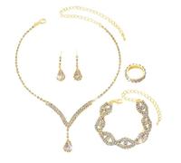 FDEETY Conjunto Joyería Gota Cristal Azul Brillante Collar Pendientes Pulsera Anillo Adornado Rhinestones Elegante