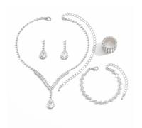 FDEETY Conjunto Joyería Gota Cristal Negro Collar Pendientes Pulsera Anillo Elástico Brillante Elegante Juego Accesorios Mujer