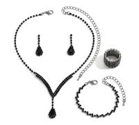 FDEETY Conjunto Joyería Gota Cristal Negro Collar Pendientes Pulsera Anillo Elástico Brillante Elegante Juego Accesorios Mujer