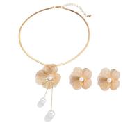 FDEETY Conjunto Pendientes Collar Flor Texturizada Perla Artificial Joyería Elegante Mujer Accesorios Boda Nupcial