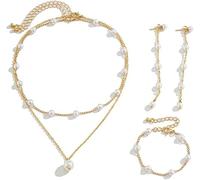 FDEETY Conjunto Perlas Collar Capas Pendientes Largos Pulsera Cadena Joyería Mujer Elegante Adorno Cuerpo Accesorios Femeninos