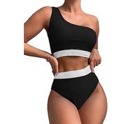 FDEETY Bikini Traje de Baño Mujer Conjunto de Bikini Un Hombro Trajes de Baño Cintura Alta Tanga Biquini Bañador Atractivo de Dos Piezas Sexy Trajes de baño Ropa de Playa Talla Grande(Negro/S)