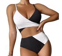 FDEETY Conjuntos de Bikinis para Mujer Traje de Baño Bicolor Acanalado Push up Bikini Traje Triangular de Cintura Alta Bañador Elegante Natación Playa Verano