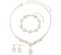 FDEETY Joyas de Mujer 3 Piezas Cobre Hipoalergénica con Zircón en Forma Gota Pulseras, Pendientes, Collar Ideal para Novias Ocasiones Especiales y Vestidos Elegantes(Dorado)