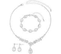 FDEETY Joyas de Mujer 3 Piezas Cobre Hipoalergénica con Zircón en Forma Gota Pulseras, Pendientes, Collar Ideal para Novias Ocasiones Especiales y Vestidos Elegantes(plata)